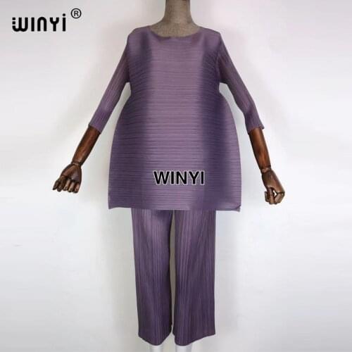 Suit Woman Casual Style Solid Round Collar Pullover T Shirt + Wide Leg Pants High Elastic 2021 New Summer Fashion WINYI