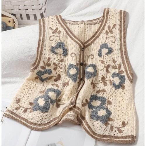 Vests Women Chic Sweet Retro Single Breasted V-neck Ladies Cropped Outwear All-match Hollow Out Design Floral Female Clothing