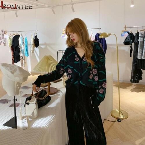 Sweaters Women Loose All-match Knitted V-Neck Aesthetic Cardigans BF Vintage Single Breasted Print Jacquard Mujer Retro Artistic