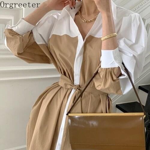 Temperament Contrast Color Shirt Dress Women Summer 2021 New Lapel Single Breasted Lace Up Lantern Sleeve Mid-calf Dresses