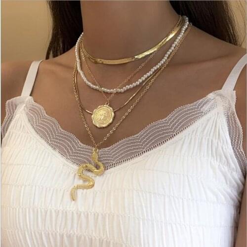 Nanny New Vintage Snake Pendant Necklace Pearl Necklace For Women Coin Pendant Portrait Punk Hip Hop Fashion Jewelry Multi-Layer
