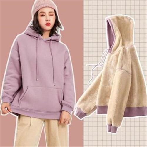 Winter Warm Thick Plus Size Loose Hooded Sweatshirts Female Fleece Oversize Hoodies Solid Color Jackets Lady Long Sleeve Tops