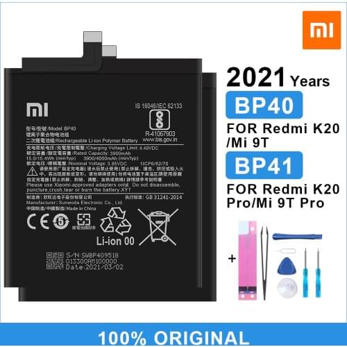 Original Xiaomi Battery BP40 for Redmi K20/Mi 9T BP41 for Redmi K20 Pro/Mi 9T Pro Phone Battery 4000mAh With Free Tools