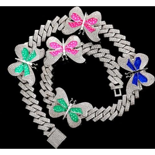 Sparking bling hip hop women men jewelry sparking bling 13mm cz tenniS chain 5 pcs butterfly charm choker necklace SP07