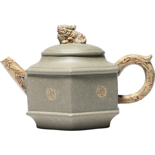 Bean Green Clay Six-party Auspicious Pot Zisha Teapot Yixing Handmade Pot Kung-fu Teaware Purple Clay Drinkware For Puer Green