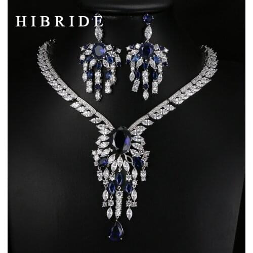 HIBRIDE Luxury Style Flower Shape AAA Cubic Zirconia Pendants Bridal Women Wedding Jewelry Sets N-63