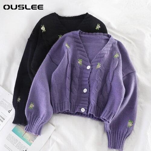 OUSLEE Cardigan Sweater Women Spring Embroidery Floral Knitted Pullover Female Autumn Girls Cute Vneck Harajuku Loose Jumper Top