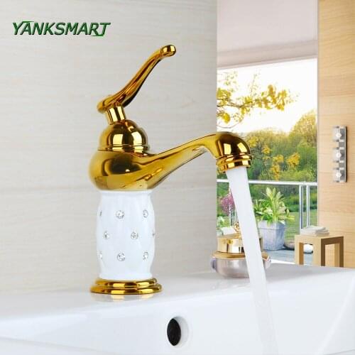 YANKSMART RU bathroom golden finished Diamond faucets brass ceramic deck mounted single hole & handle basin sink bowl taps