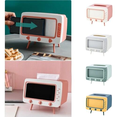Cute Creativity Tissue Box TV Shaped Multifunctional Paper Napkin Storage Container Mobile Phone Holder Plastic Tissue Case