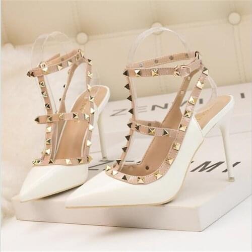 2021 New 10CM PUMPS woman Sexy nightclub stiletto heels patent-leather metallic rivet hollow Roman fashion sandals