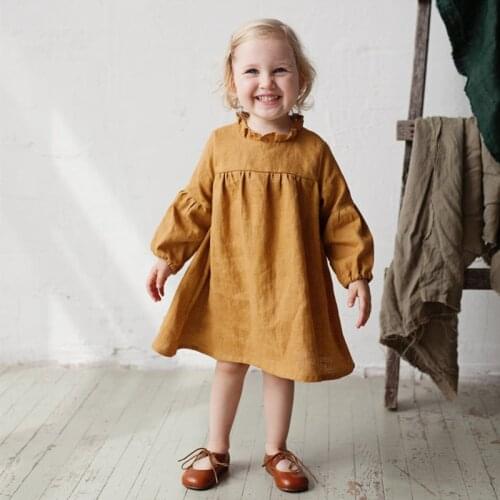 Girls cotton and linen long-sleeved dress childrens autumn solid color casual dress soft and warm TZ37