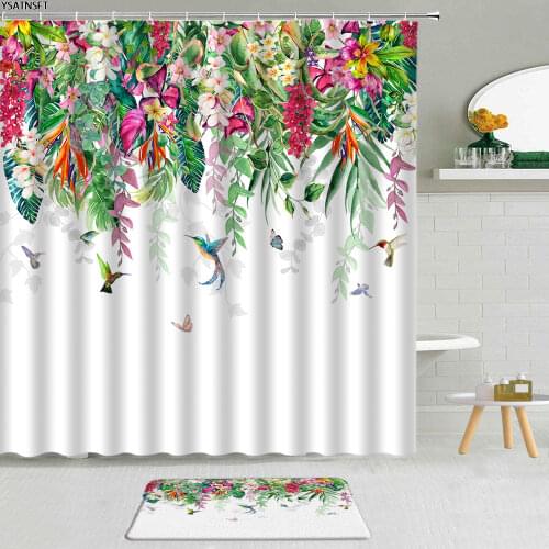2Pcs Simple Watercolor Flower Shower Curtain Green Plant Butterfly Floral Sunflower Fabric Non-Slip Bath Mat Bathroom Decor Set