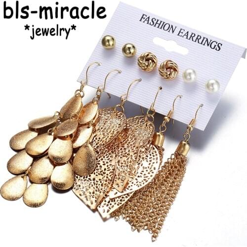 Bls-miracle Bohemia Leaves Drop Tassel Earrings For Women Multilayer Sequins Simulated Pearl Beads Earring Set Statement Jewelry