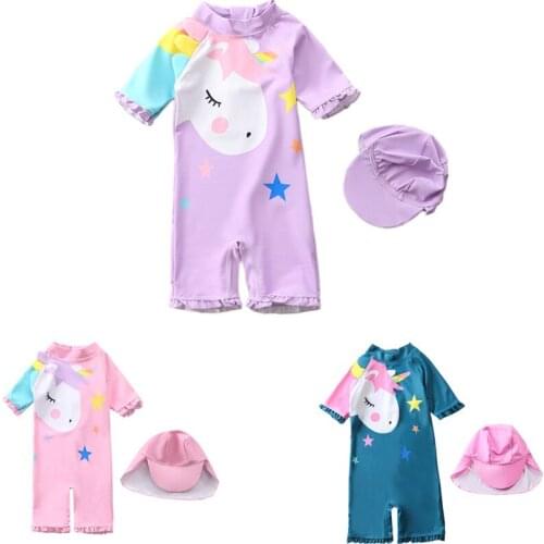 Girls' one piece swimwear long sleeve purple pony swimsuit Baby Princess with Cap childrens Unicorn Beach wear bagthing YZ20037