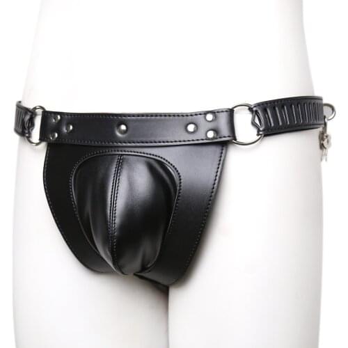 Sexy Leather Men Underwear Adjustable Cut Out Jockstrap Male Cock G string Panties With Chastity Belt Lock Device For Fetish Sex