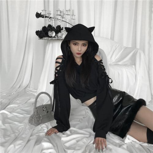 Ruibbit New Autumn Winter Women Punk Gothic Girls Black Velvet Hoodies Hollow Out Long Sleeve Hooded Sweatshirt Casual Pullover