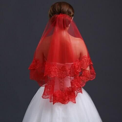 Women Bride Bridal Red Halloween Wedding head hair Lace Party Veil Without Comb 2022