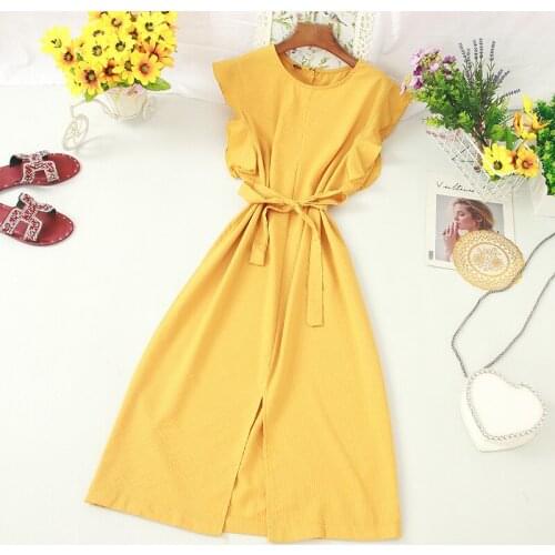 2021 Summer Women Solid Straight One Step Long Dress Women Split Slim Casual Striped Sleeveless Ruffles Dresses Female Vestidos