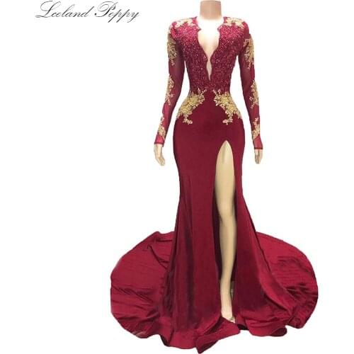 Lceland Poppy Sexy Mermaid Evening Dresses 2020 V-neck Long Sleeves Lave Appliques Split Floor Length Prom Gowns Robe de Soiree