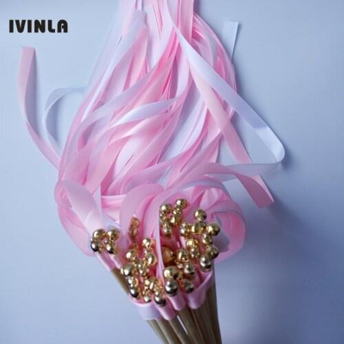 50pcs/lot light pink & white wedding ribbon wands With gold Bells for wedding party
