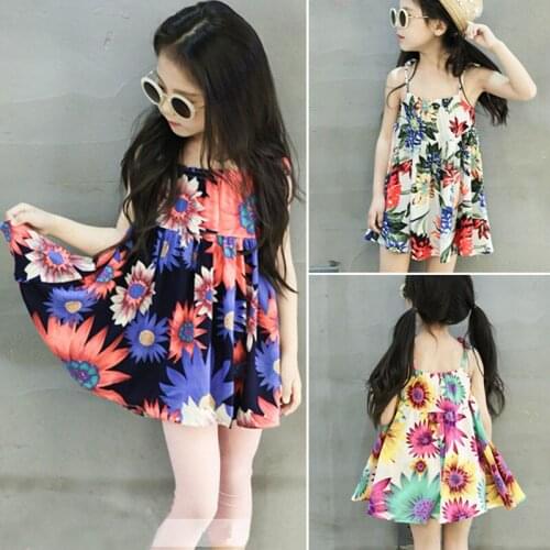 Free Shipping Summer New Girl Dress Toddler Girl Flower Printed Strap Pleated Dresses Children Lovely Beach Dresses Girl Clothes