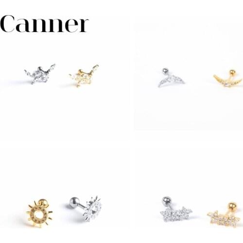 Canner 1pcs 925 Sterling Silver Stud Earrings Zircon Moon Sun Leaf Snowflake Cartilage Piercing Earrings Fine Jewelry Aretes W4