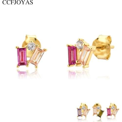 CCFJOYAS 925 Sterling Silver Two Rectangle Colorful Zircon Stud Earrings for Women Simple Cute Korean Gold Earrings New Arrival