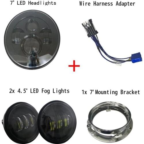 For Harley 7 inch Moto Projector LED Headlight + Matching HD 4.5 ''Led Fog Lights 7" Mounting Bracket with Wire Harness Adapter