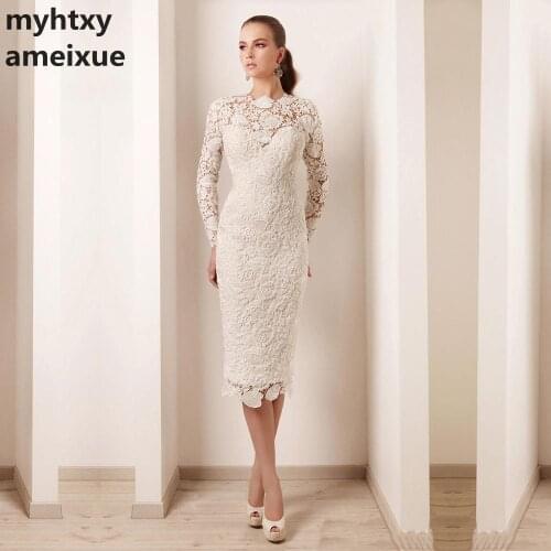 Elegant Long Sleeve High Neck Pearls Lace Short Mother Party Evening Dress 2021 Knee Length Mother Of The Bride Dress Plus Size