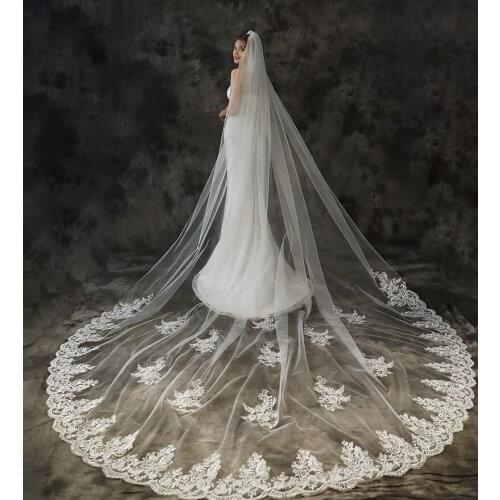 Appliqued Lace Edge 350cm Long Cathedral Veils White Ivory Bride Wedding Veil Wedding Accessoire Velos De Novia with Comb