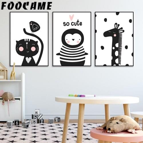 FOOCAME Cat Giraffe Cartoon Animal Posters and Prints Nursery Wall Art Canvas Childrens Paintings Room Kids Decoration Pictures