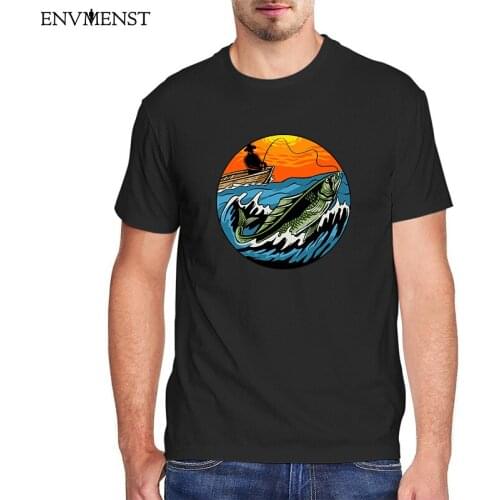Harajuku Sunset Fishing T-Shirt Men Clothing Fisherman Graphic Shirt Vintage Cotton Mens Short Sleeve Tees oversized Casual Tops