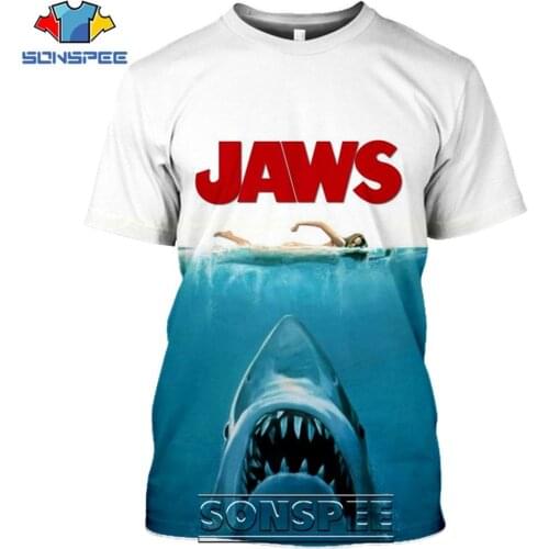 SONSPEE Classic Movie Jaws Mens T Shirts Summer Casual Hip Hop Short Sleeve 3D Print Men Women Vintage Shark Tees Shirts