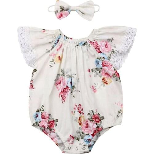 0-24M Infant Baby Girls Boys Summer Jumpsuits Headband 2pcs Floral Print Ruffles Short Sleeve Bodysuits Clothes Sets