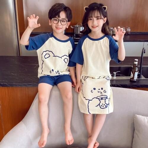 Summer Sister and Brothers Home Wear Sets 4-10 Y Childrens Cartoon Pajamas Casual Print T-shirts Shrots Boys 2pcs Grils Dress