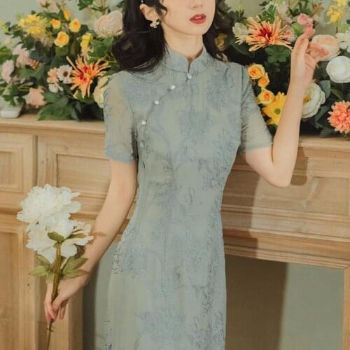 Summer New Female Literature and Art Chinese Heavy Industry Embroidery Improved Cheongsam Fairy Style Slim Dress