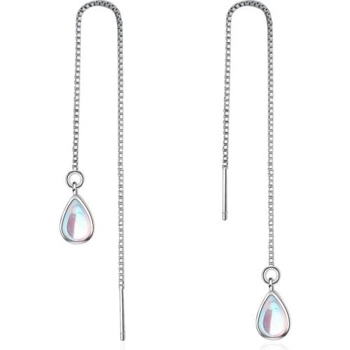 New Fashion 925 Sterling Silver Moonstone Water Drop Ladies' Long Tassel Earrings For Women Ear Chain Gift Drop Shipping