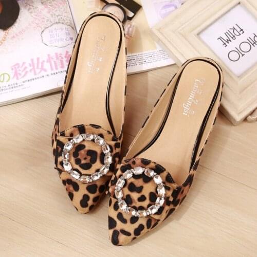 Leopard Shoes Flat Slippers Crystal Shoes Ladies Slippers Rhinestone Slides Mules Shoes Women Luxury Slippers Big Size 43 Buty