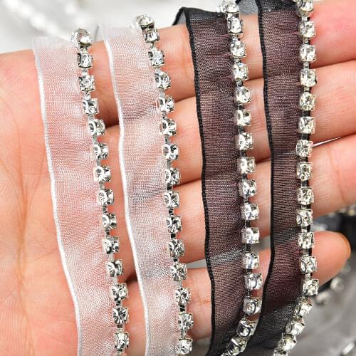 Unilateral Diamond Chain Lace D-type Claw Chain with Gauze Webbing Crystal Ribbon Trim Collar Decoration Clothing for Wedding