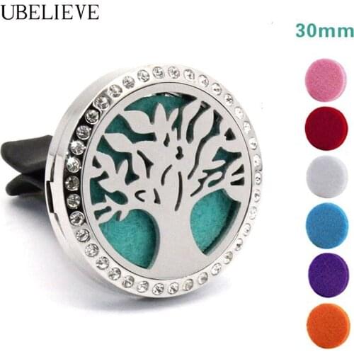 Tree of Life 30mm Round Car Aromatherapy Essential Oil Diffuser Stainless Steel Locket Air Freshener with Vent Clip 6 Felt Pads