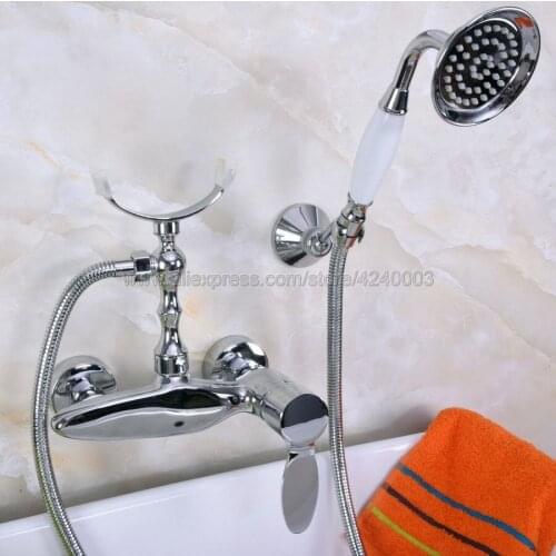 Polished Chrome Bath Faucets Wall Mounted Bathroom Basin Mixer Tap Crane With Hand Shower Head Bath & Shower Faucet Kna259