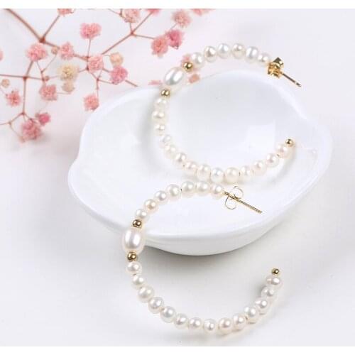Simple Plain Natural Freshwater Pearl Jewelry Big Circle Hoops Statement Earrings For Women