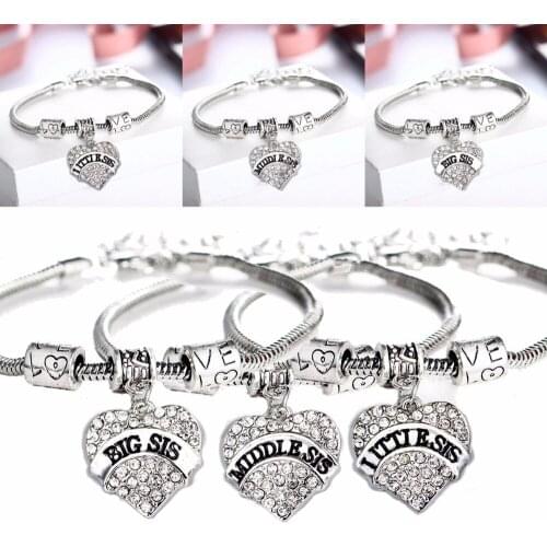 Clear Crystal Heart Charms Big Middle Little Sister Sis Bracelet Love Beads Family Girl Gifts Bangle Best Friends Shiny Jewelry
