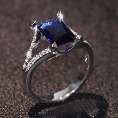Size 8-13 Drop Shipping Luxury Jewelry 925 Sterling Silver Filled Princess Cut Blue 5A Cubic Zirconia CZ Party Men Finger Ring