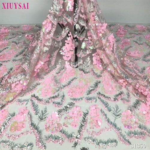 Pink French Tulle Lace Fabric High Quality African Mesh Tulle Lace Fabric with Sequins 3d Lace Fabric for Wedding SL1350