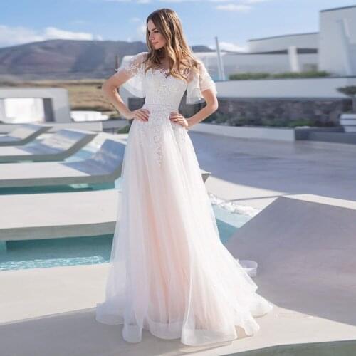 Pink Princess Wedding Dresses Flare Sleeves Scoop A Line Bridal Gown Lace Applique Beading Sashes Bride Dress