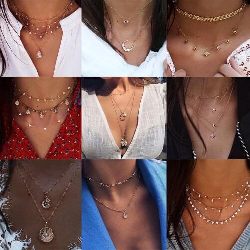 Boho Vintage Fashion Multiple Layer Necklaces For Women Multi-element Geometric Crystal Stone Pendant Long Necklace Gift Jewelry