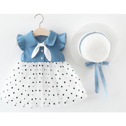 2021 spring and summer girls bow skirt girl childrens skirt denim stitching polka dot mesh skirt plus hat