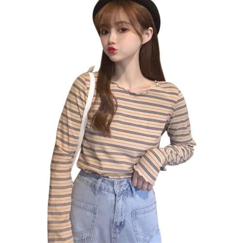 Korean Sweety T Shirt Women kawaii Striped Harajuku Tees Autumn long Sleeve Casual Slim Bottoming Preppy Stranger Things