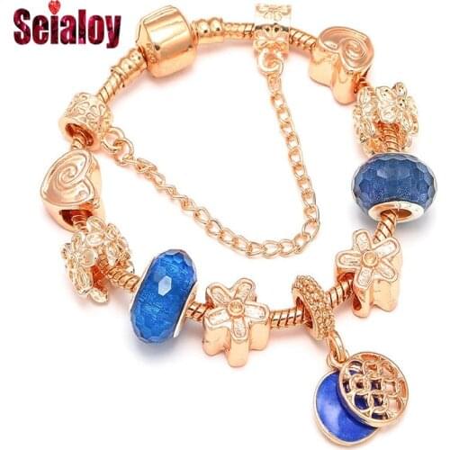 SEIALOY Fashion Hot Rose Gold Bracelets For Women Navy Zircon Pendant Pink Flowers Brands Friendship Charm Jewelry Gift